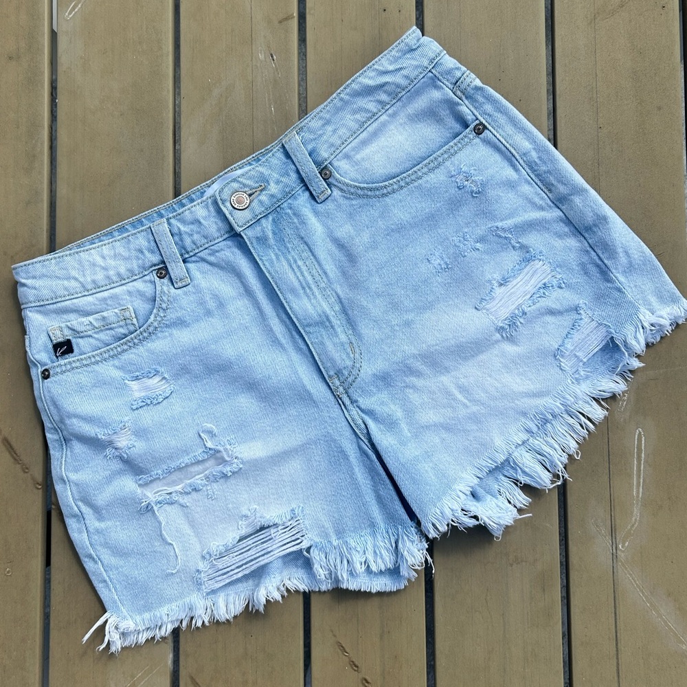 KanCan Blue Jean Shorts with Distressed Details and High Waisted Design